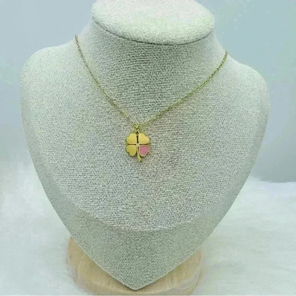 Pink Heart Four-Leaf Clover Pendant Necklace in Gold